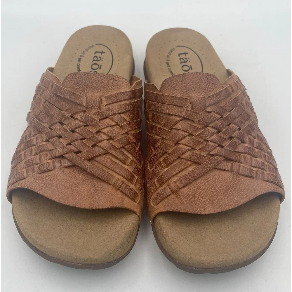 Taos Women's Guru Leather Woven Slide Comfort Sandal Flats Honey Brown Size:6